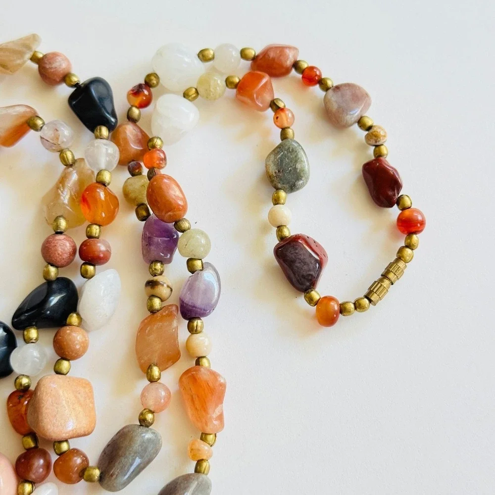 VTG NECKLACe carnelian quartz jasper Beggars round‎ Beads Natural Hippie 34